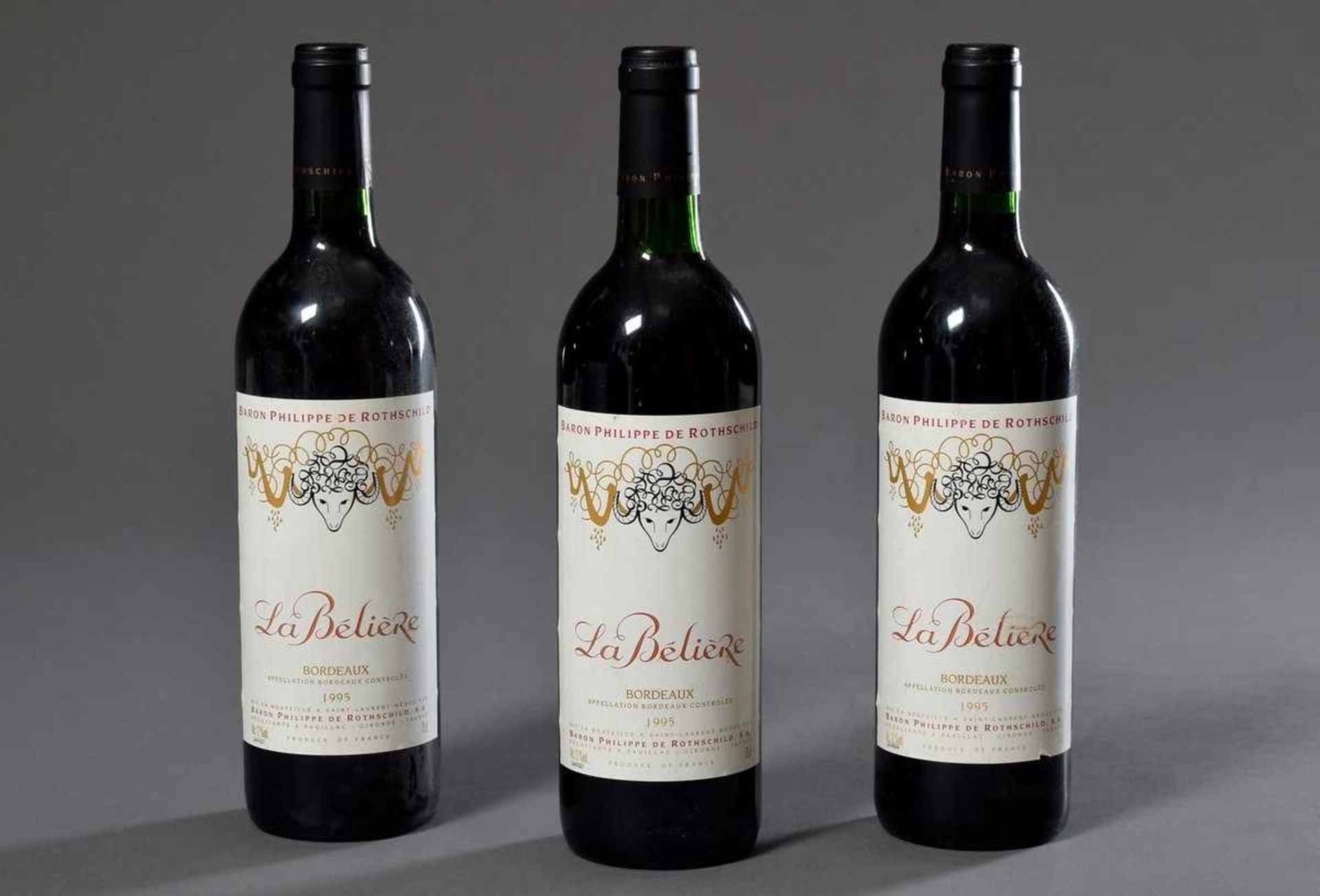 3 Flaschen Rotwein "Baron Philippe de Rothschild, La Bélière, Bordeaux", 1995, Schlossabfüllung,