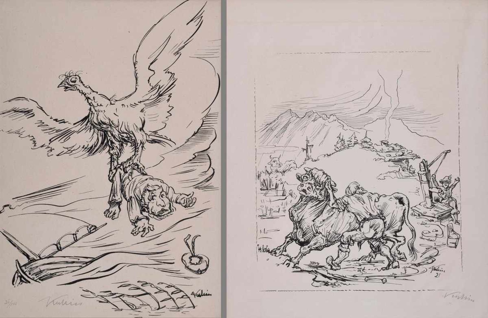 2 Diverse Kubin, Alfred (1877-1959) „Stier auf der Alm“ 1921 und „Entführung (Geier mit Matrosen)“