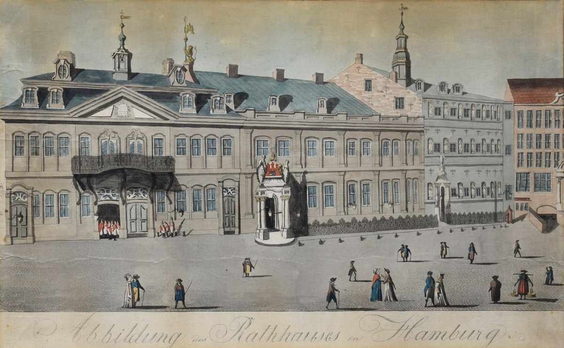 Hamburgensie "Abbildung des Rathauses in Hamburg", colorierte Aquatinta-Radierung, um 1800,