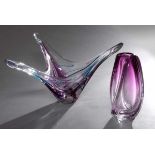 2 Diverse organisch geformte Midcentury Glasobjekte: Val St. Lambert Vase (H. 21cm) und Schale (