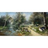 Scheuerer, Julius (1859-1913) „Enten und Puten an Bachlauf“, Öl/Leinwand, u.l. sign., 30x61,5cm (m.