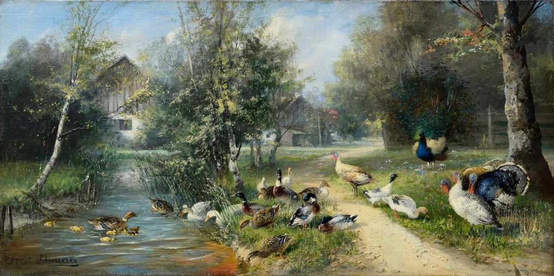 Scheuerer, Julius (1859-1913) „Enten und Puten an Bachlauf“, Öl/Leinwand, u.l. sign., 30x61,5cm (m.