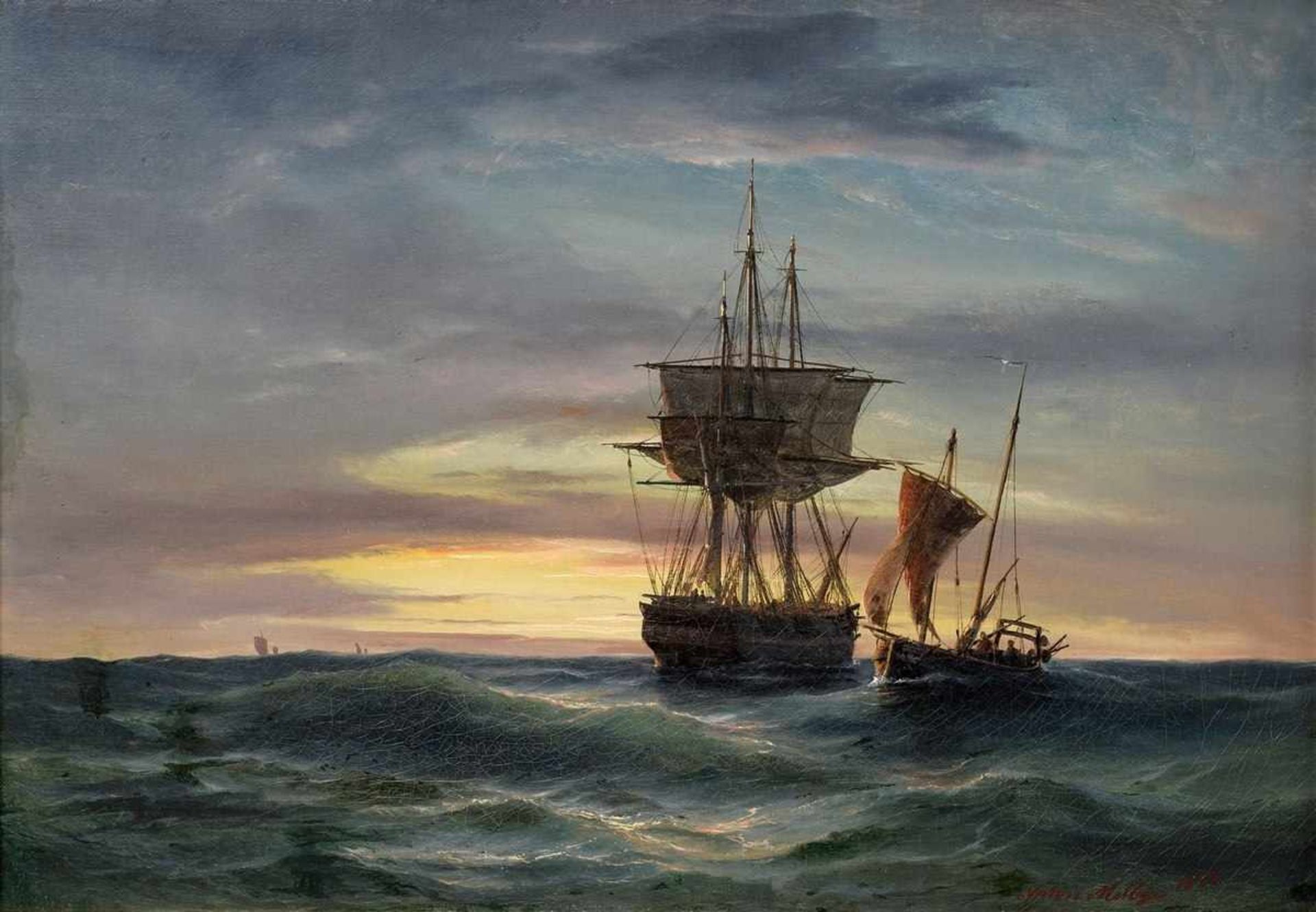 Melbye, Anton (1818-1875) „Dreimaster und Fischerboot im Abendrot“, 1852, Öl/Leinwand, u.r. sign./