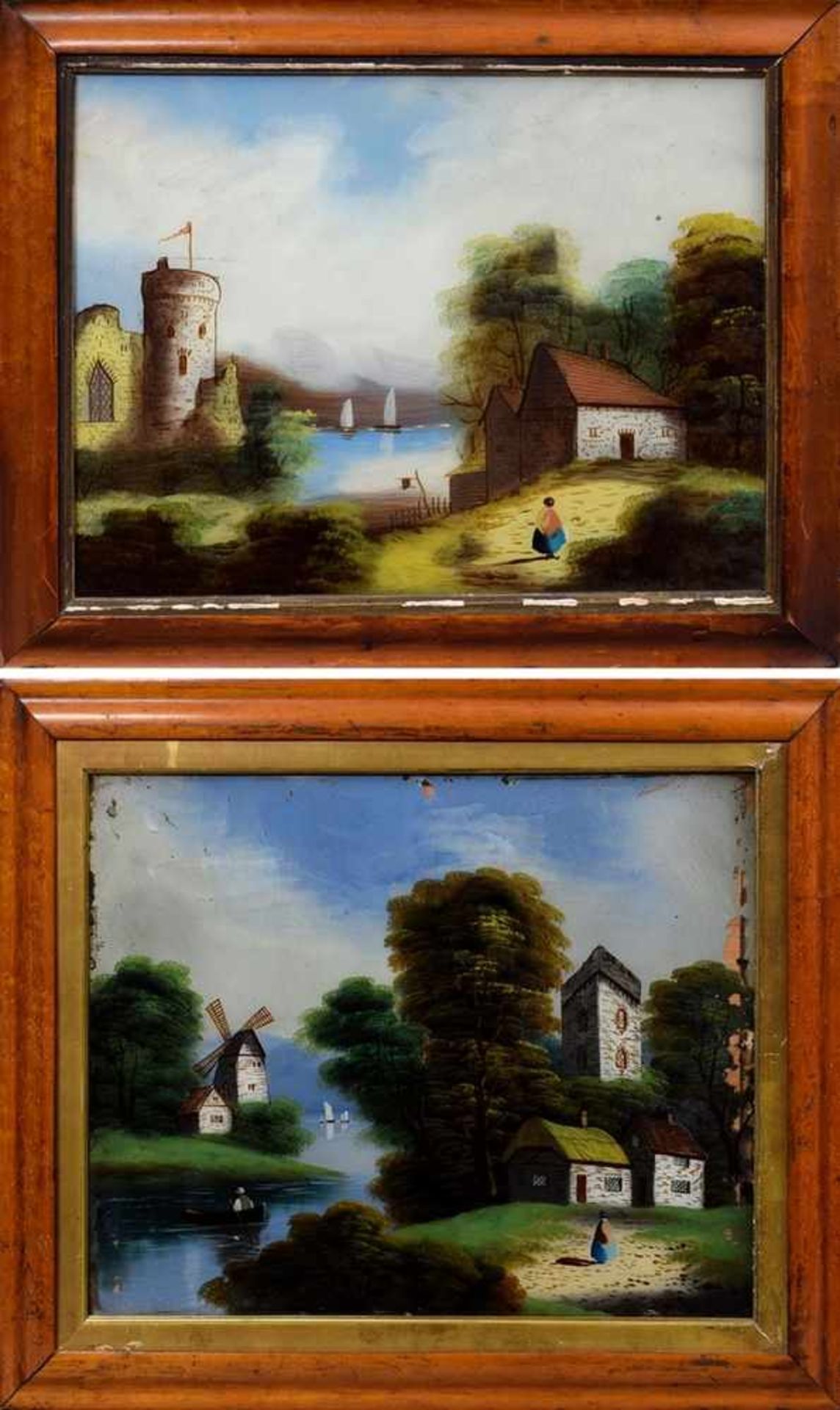 2 Diverse naive Hinterglasbilder "Landschaften mit Mühle und Burg", England 19.Jh., m.R. 45x54,5/