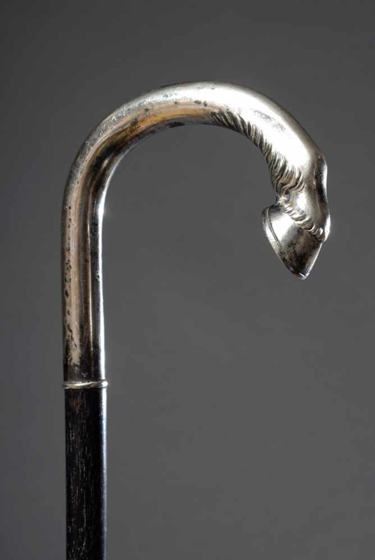 Stock mit Silber 800 Krücke "Pferdebein", schwarzer Holzstoß, L. 11/89cm, DruckstellenCane with