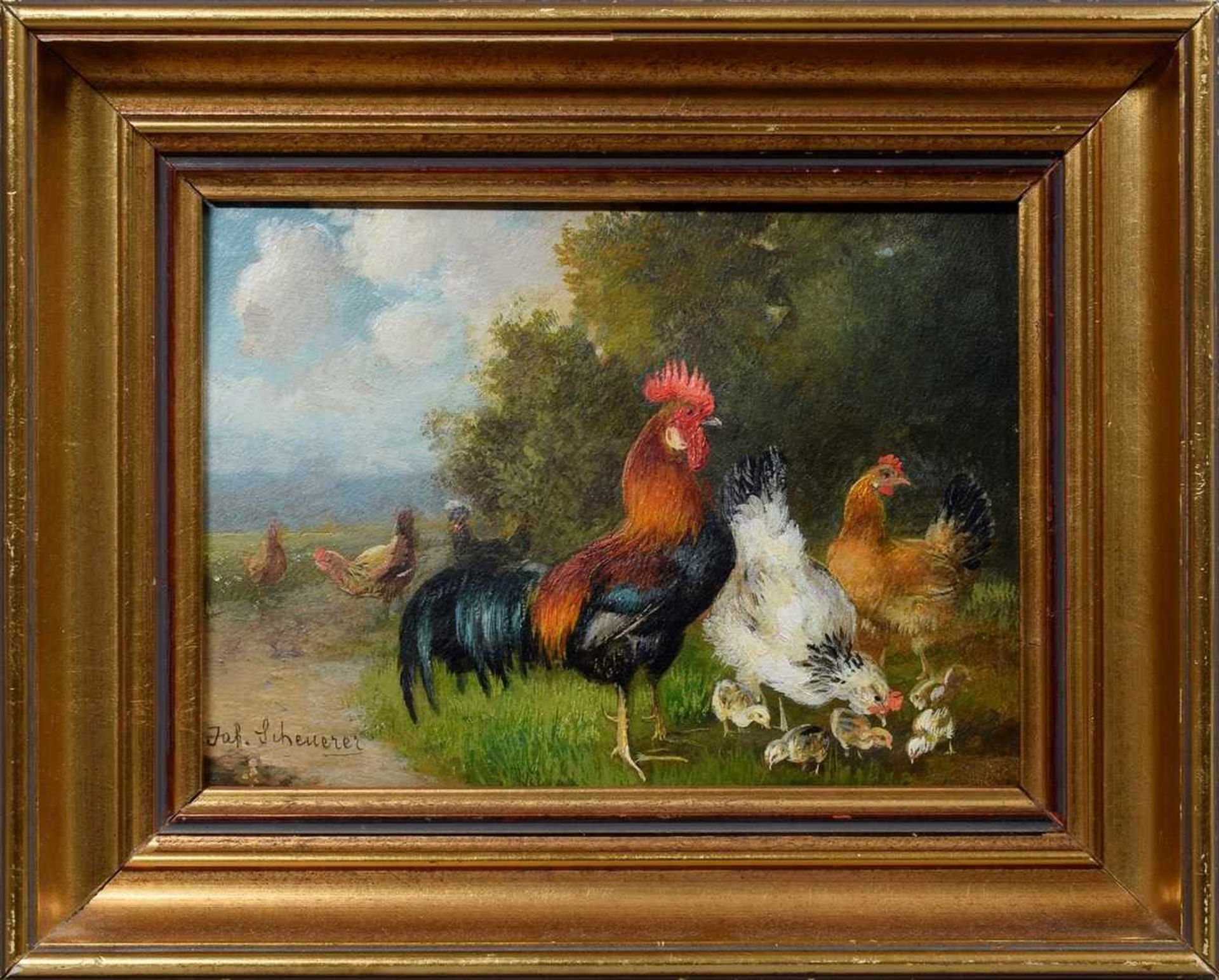 Scheuerer, Julius (1859-1913) „Hahn und Hühner“, Öl/Platte, u.l. sign., 14x20cm (m.R. 22,5x28cm), - Bild 2 aus 4