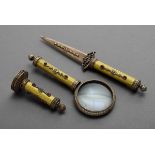 3 Teile Schreibtischgarnitur in Fabergé Art: Lupe, Brieföffner und Petschaft mit gelbem Guilloché