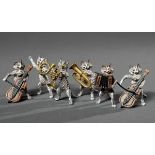 6 Diverse Wiener Bronze "Katzenkapelle": Horn, Trompete, Tuba, 2 Cellisten und Akkordeon, farbig