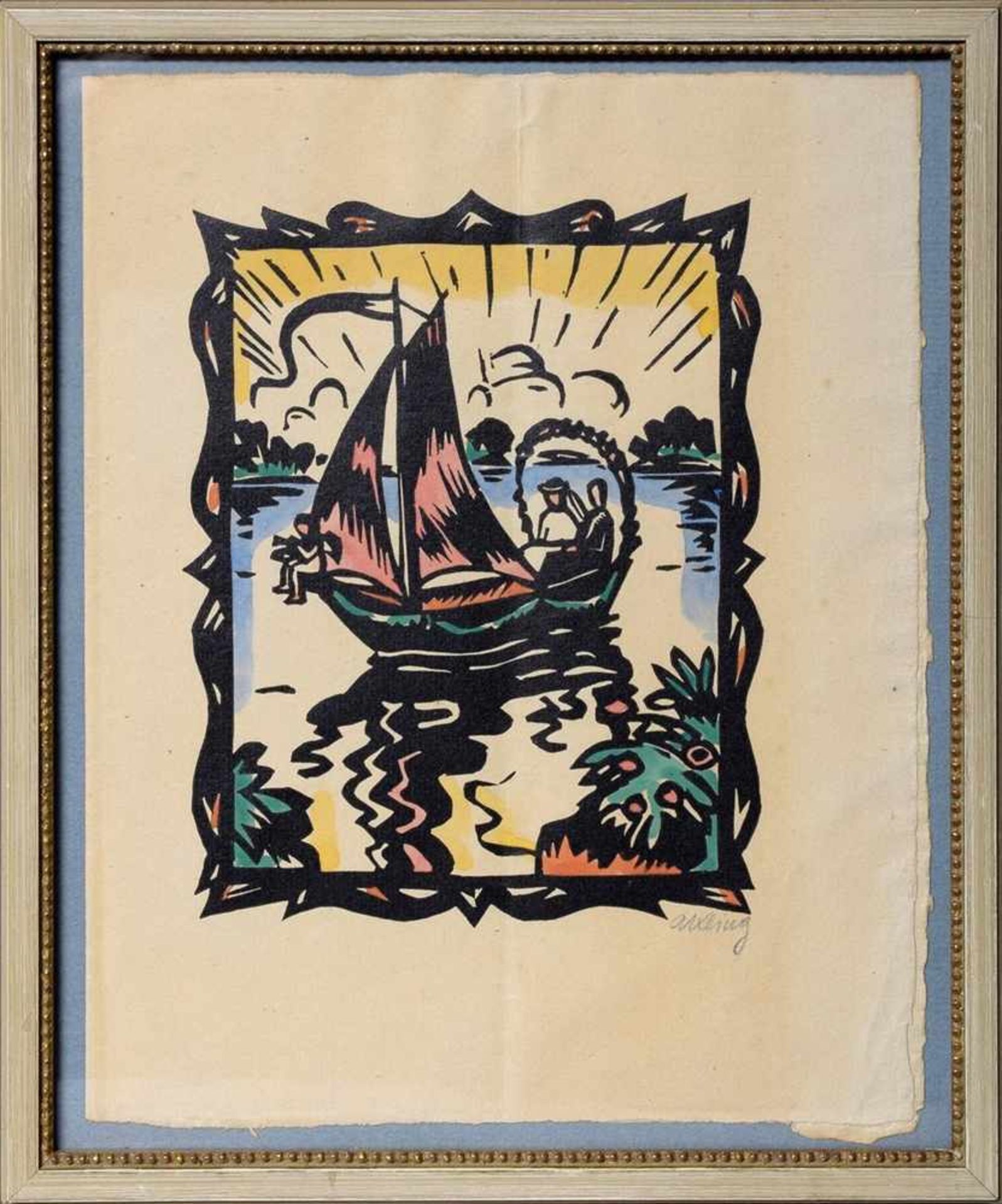 Kling, A. (?) "Boat mit Liebespaar", Holzschnitt coloriert, um 1920/25, u.r. schwer leserlich sign., - Bild 2 aus 3