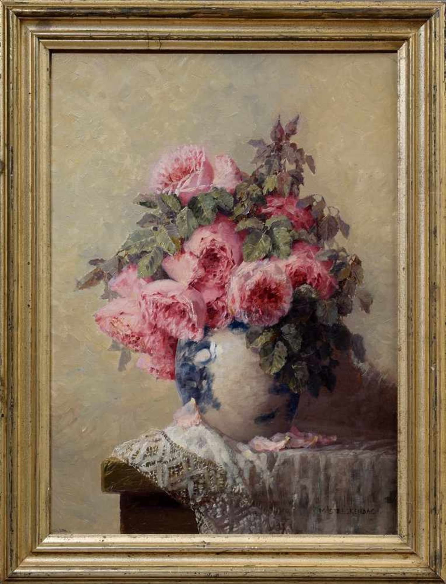 Streckenbach, Max (1865-1936) „Rosen“, Öl/Leinwand, u.r. sign., 55x39cm (m.R. 66x50cm), Nachlass - Bild 2 aus 4