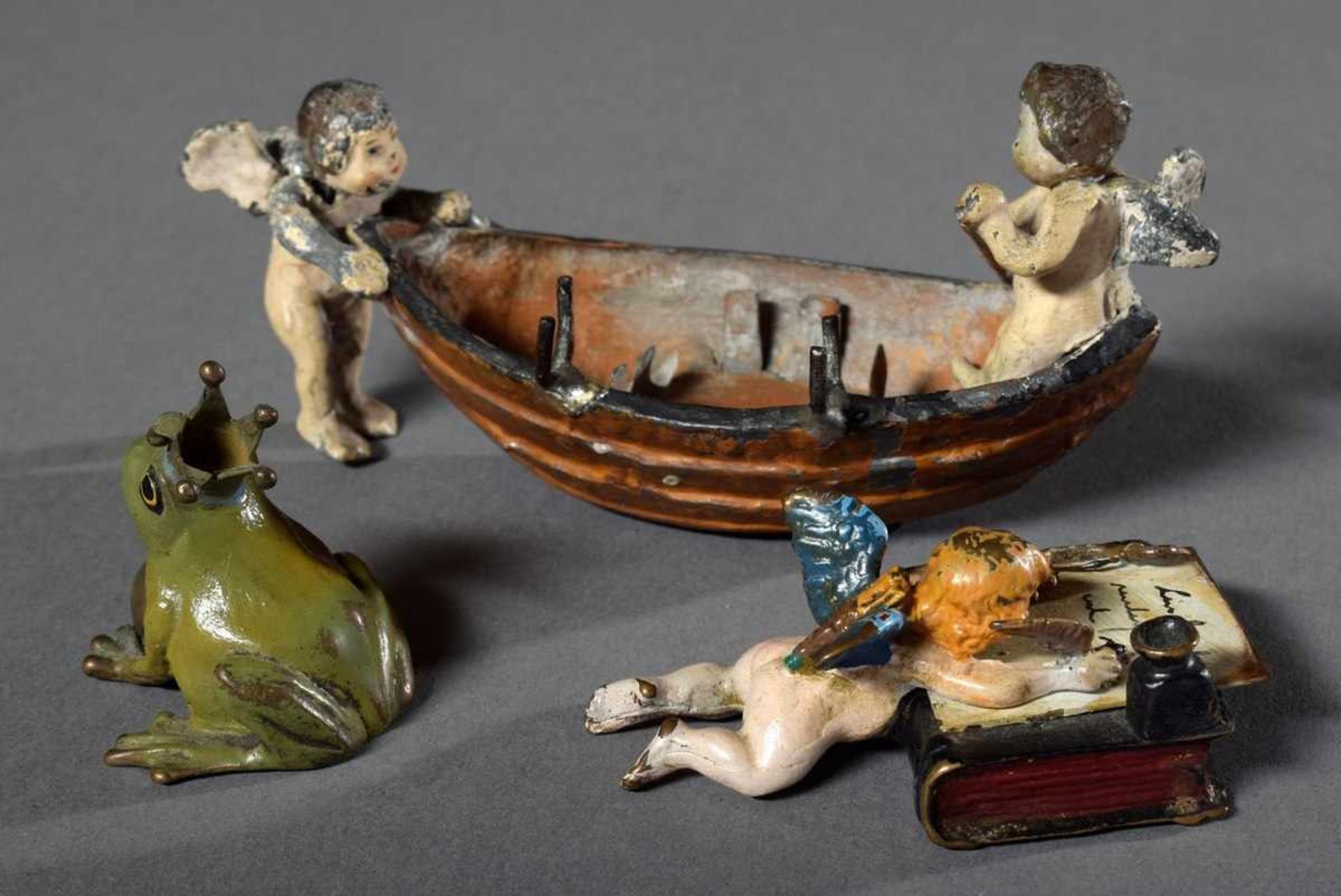 3 Diverse Zinkguss Figuren: "Schreibender Putto mit Buch", "Zwei Putti im Ruderboot" und " - Image 2 of 6