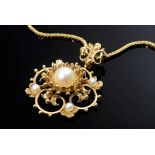 Filigranes GG 585 Collier mit durchbrochenem Zuchtperlenanhänger an Venezianerkette, 16,7g, L. 55,