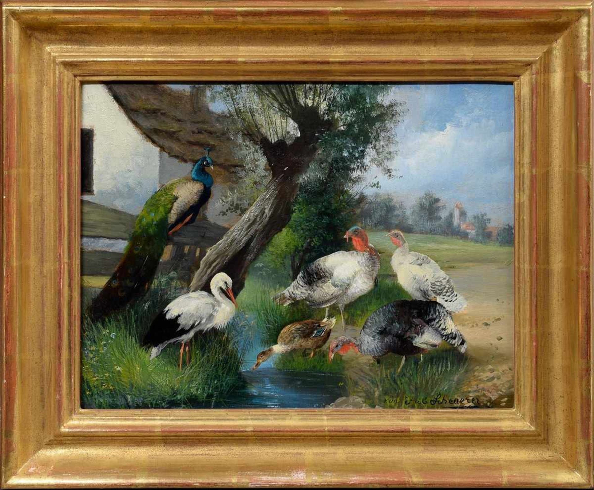 Scheuerer, Julius (1859-1913) „Pfau, Storch, Ente und Puten am Bachlauf“, Öl/Platte, u.r. sign., - Image 2 of 4