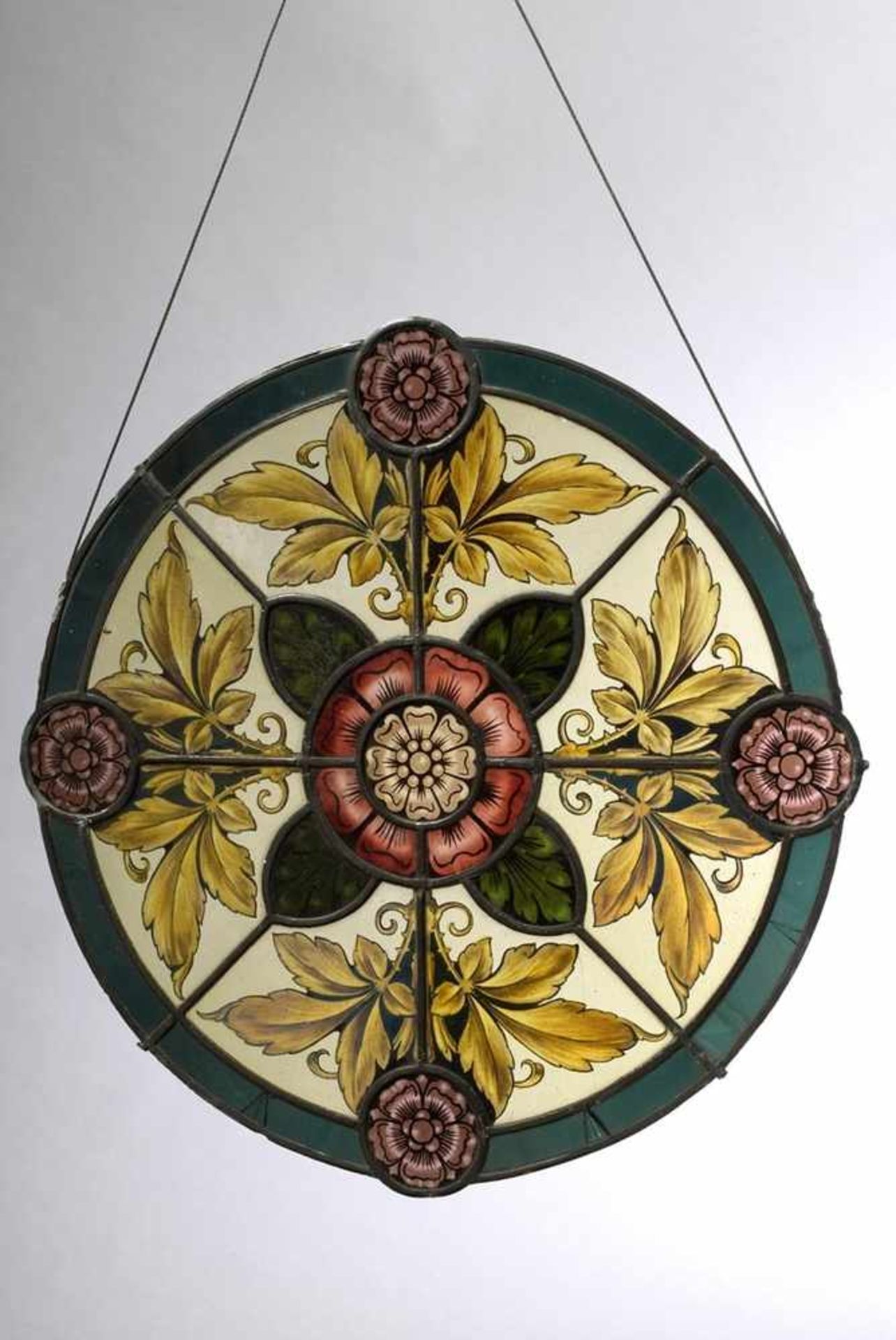 Runde Bleiverglasung mit floralem Dekor, um 1880, Ø 50cmRound lead glazing with floral decor, around