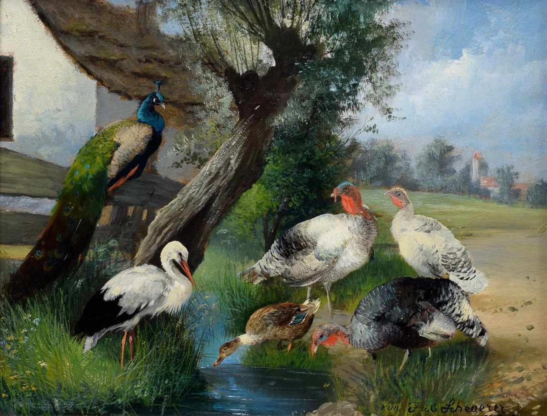 Scheuerer, Julius (1859-1913) „Pfau, Storch, Ente und Puten am Bachlauf“, Öl/Platte, u.r. sign.,