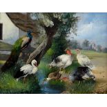 Scheuerer, Julius (1859-1913) „Pfau, Storch, Ente und Puten am Bachlauf“, Öl/Platte, u.r. sign.,