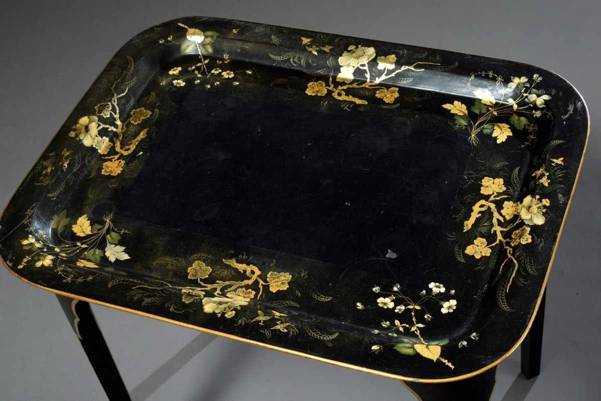 Kleiner schwarzer Lack Tablett-Tisch mit goldenem Floraldekor, 56,5x62x46cm, Gestell ergänztSmall - Bild 3 aus 4