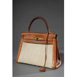 Hermès Vintage "Kelly Bag 28", Leinen und cognacfarbenes Leder, Schlüssel vorhanden, 1960,