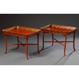 2 Tablett Tische im Chinoiserie Stil, Rotlack mit Golddekor, Anfertigungen 20.Jh., 56x74,5x54,5cm2