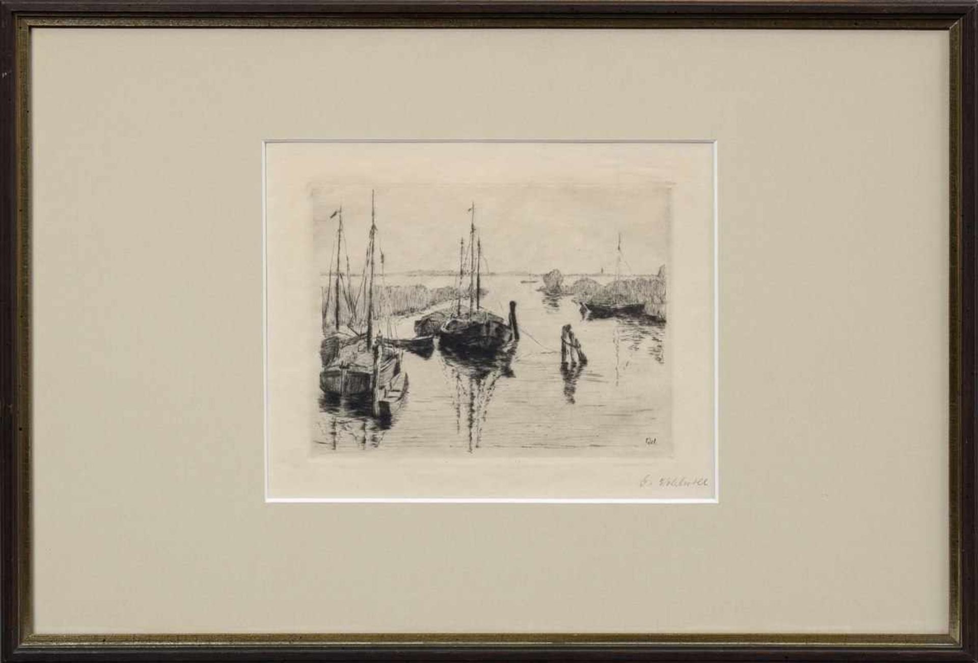 Wohlwill, Gretchen (1878-1962) "Boote am Elbufer", Radierung (ohne Auflage), u.r. sign./in der - Bild 2 aus 2
