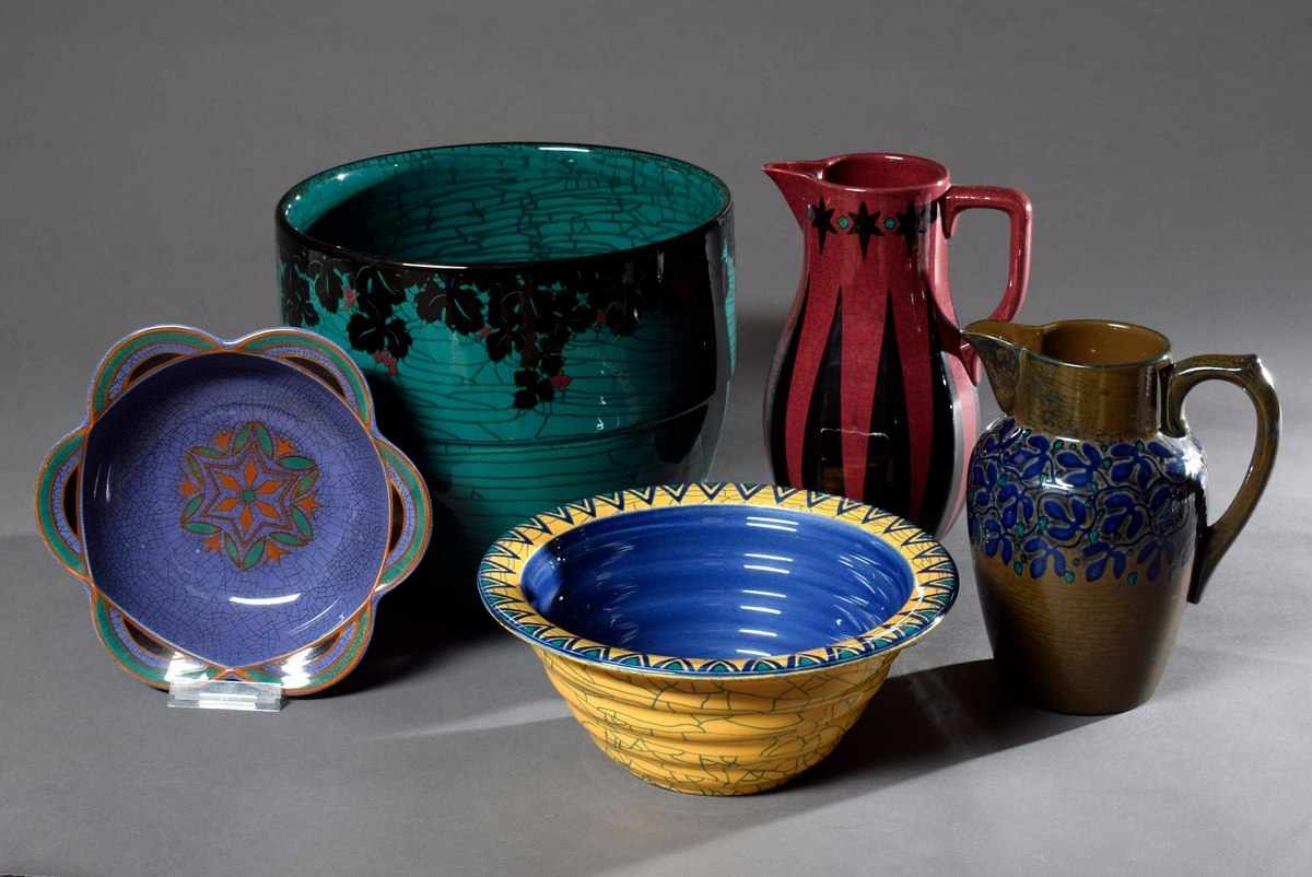 5 Diverse Teile Wächtersbach Keramik in verschiedenen Dekoren und Farben: Übertopf (H. 22,5cm,