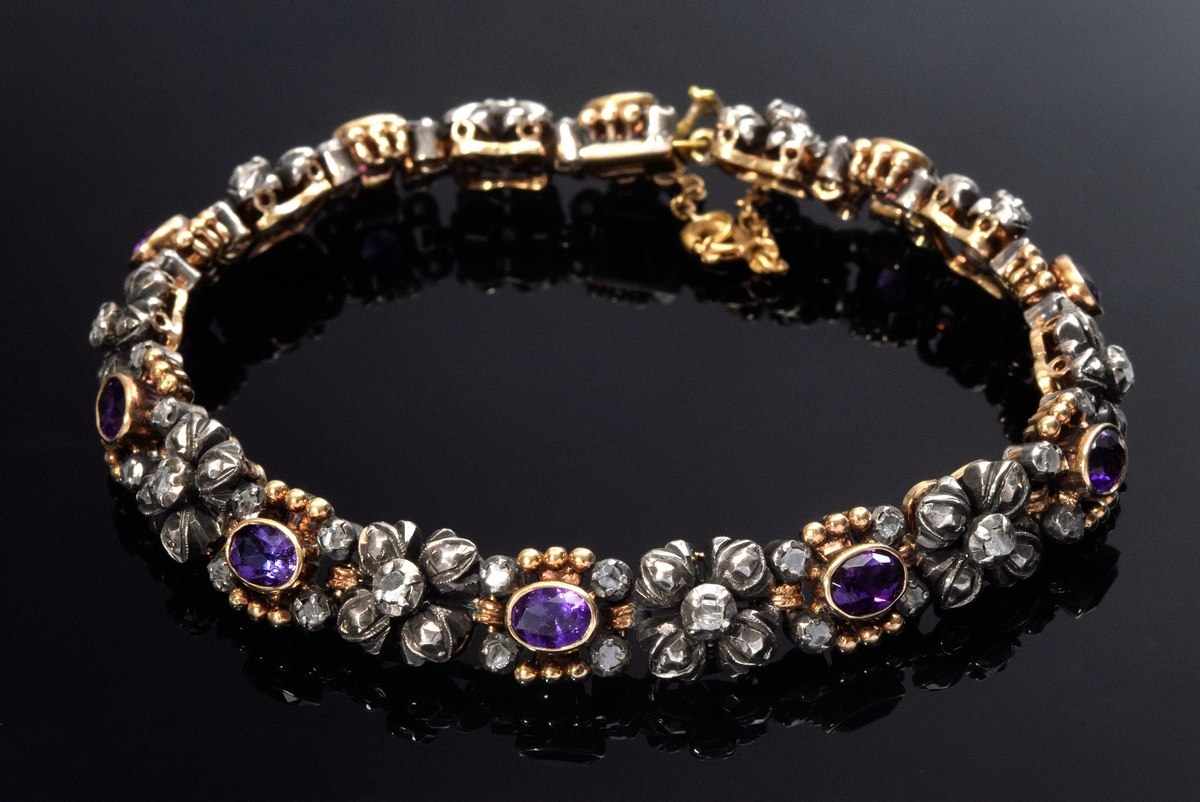 GG 750/Silber Armband mit 10 Amethysten und Diamantrosen (zus. ca. 0.50ct/SI-P1/TCR-CR), 29g, L.