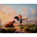Maler des ausgehenden 19.Jh. „Hirte mit zwei Kühen“, Öl/Malpappe, unsigniert, 20x25,5cm (m.R. 37,