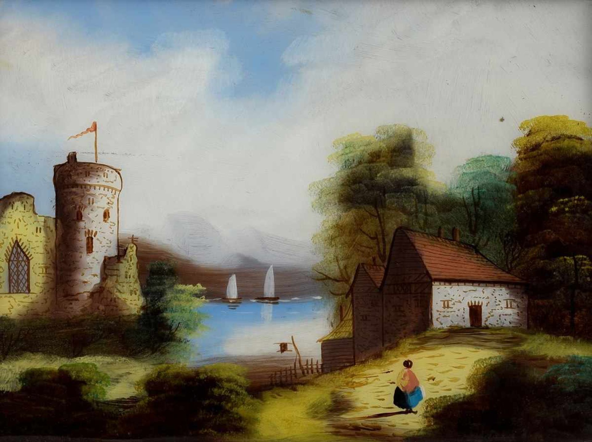 2 Diverse naive Hinterglasbilder "Landschaften mit Mühle und Burg", England 19.Jh., m.R. 45x54,5/ - Bild 2 aus 5