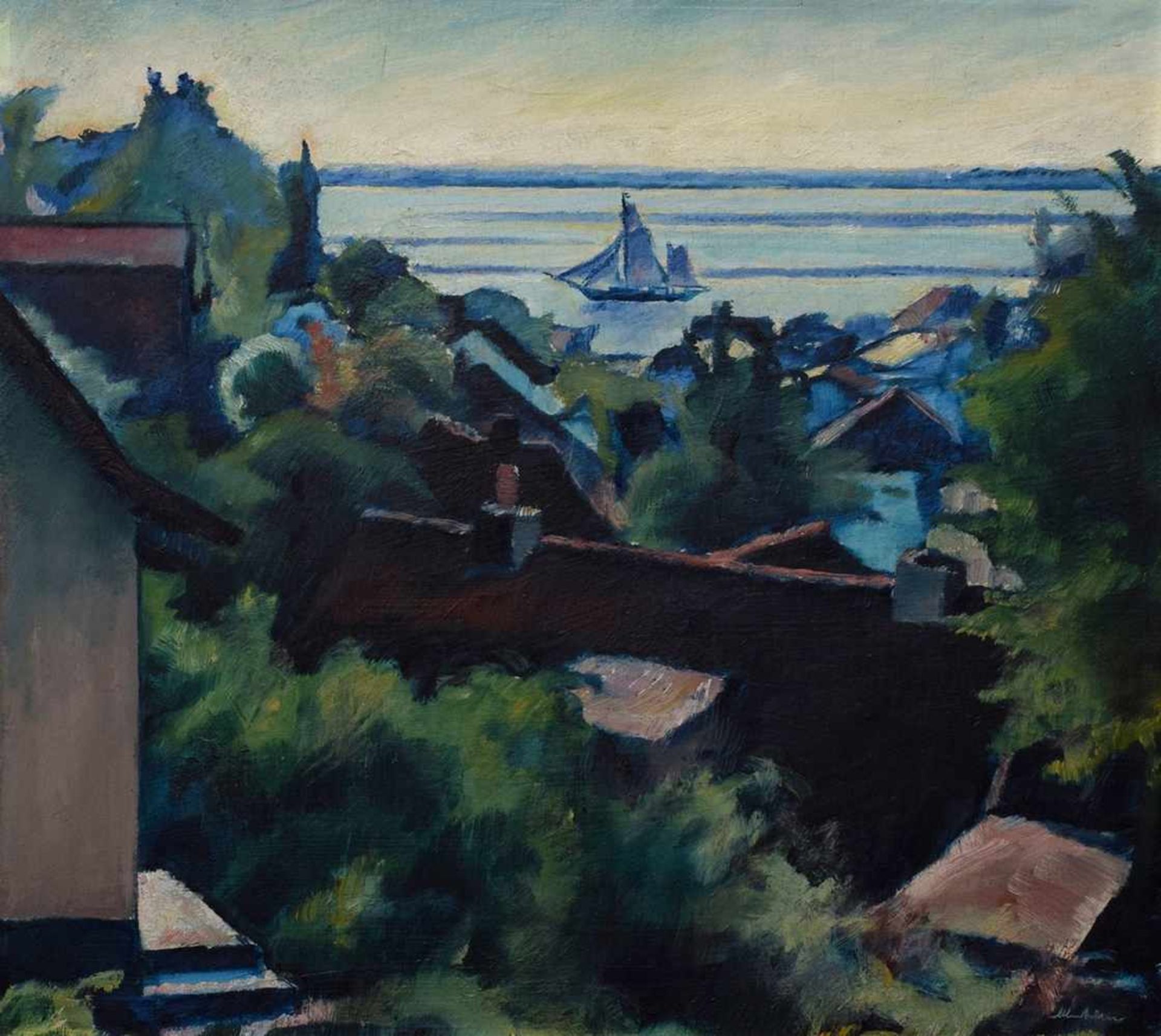 Mechlen, Paul (1888-1961) "Blick von Blankenese auf die Elbe", Öl/Malpappe, u.r. sign., 50x56cm (m.