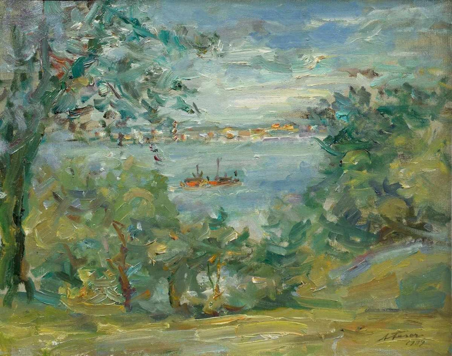 Feser, Albert (1901-1993) „Blicke über die Elbe auf Finkenwerder“ 1989, Öl/Malpappe, u.r. sign./