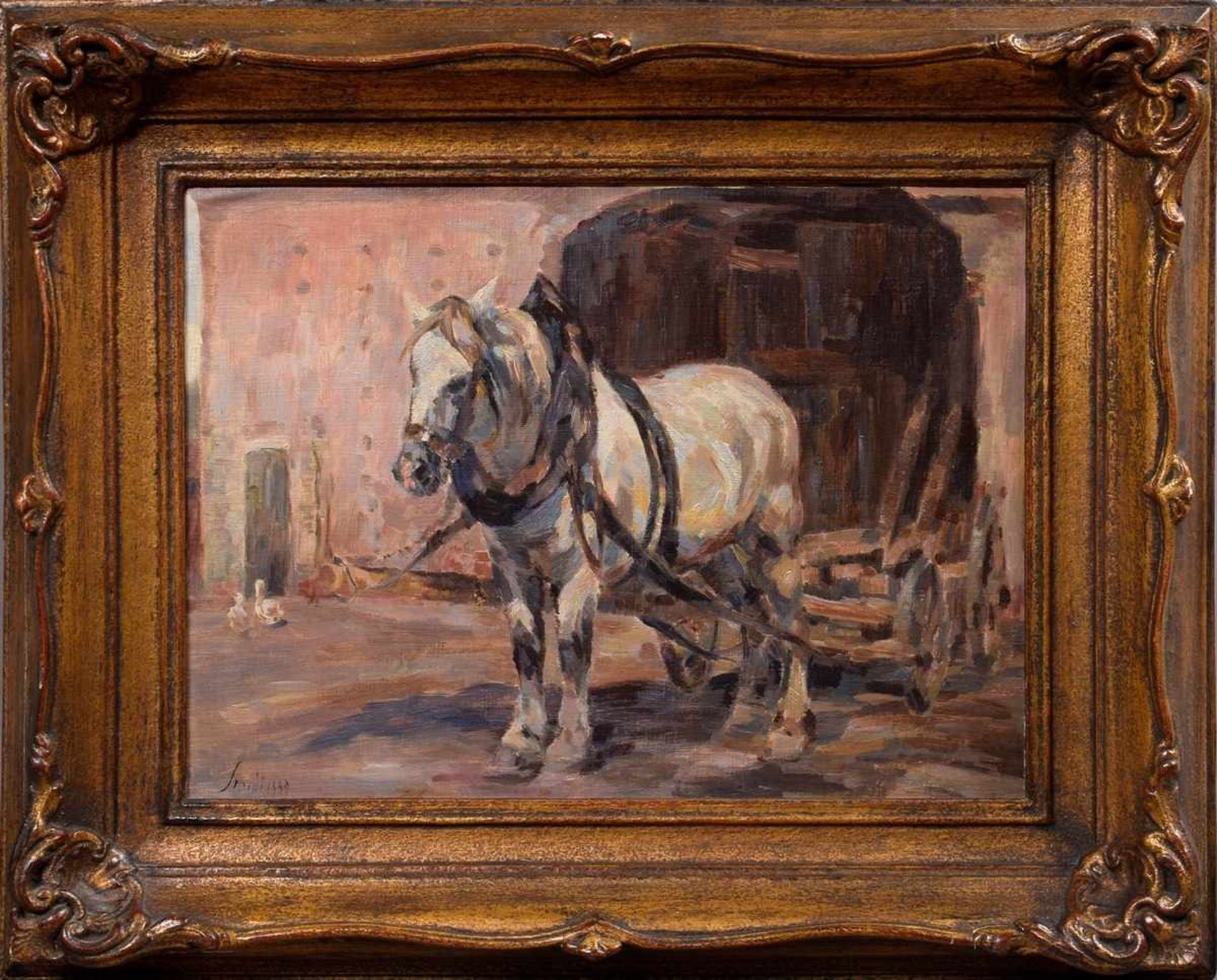 Smidt, Emil Leonhard (1878-1954) "Pferd mit Fuhrwerk", Öl/Malpappe, u.l. sign./ schwer leserlich - Image 2 of 4