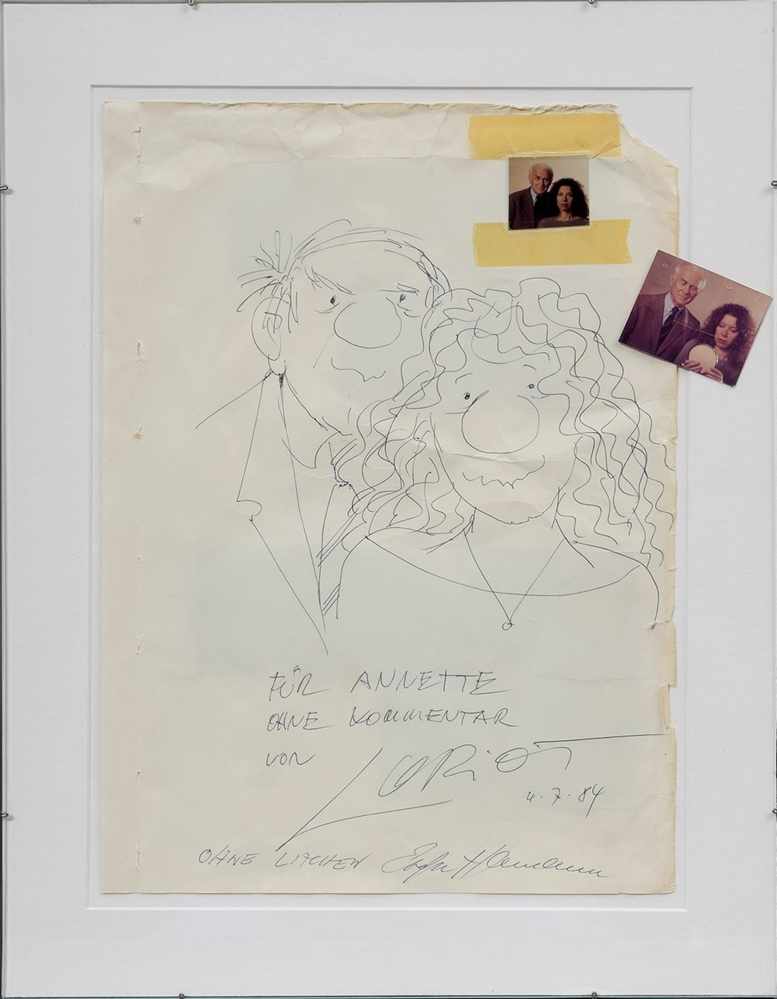 Loriot (1923-2011) "Selbstbildnis mit Evelyn Hamann" 4.7.(19)84, Kugelschreiberzeichnung mit Fotos