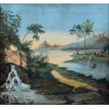Naives "Landschaftsbild mit Quelle, Fluss und Kühen", Gouache/Papier, 23x26cm (m.R. 33,5x36cm),