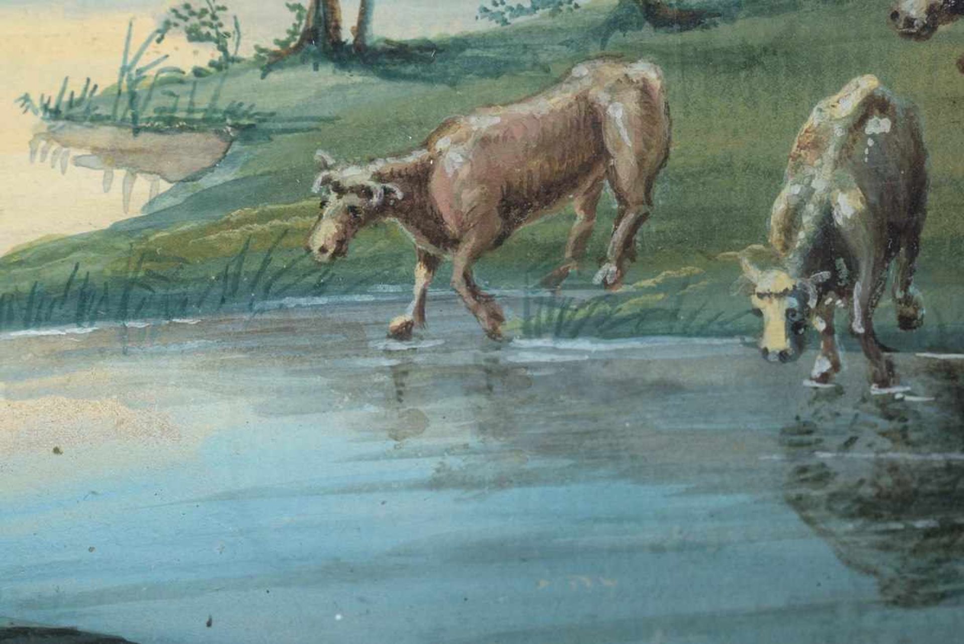 Naives "Landschaftsbild mit Quelle, Fluss und Kühen", Gouache/Papier, 23x26cm (m.R. 33,5x36cm), - Image 3 of 4