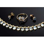 3 Diverse Teile modernes GG 585 Mondsteincabochon Set: Collier (L. 44,5cm), Ring (Gr. 55,5), und