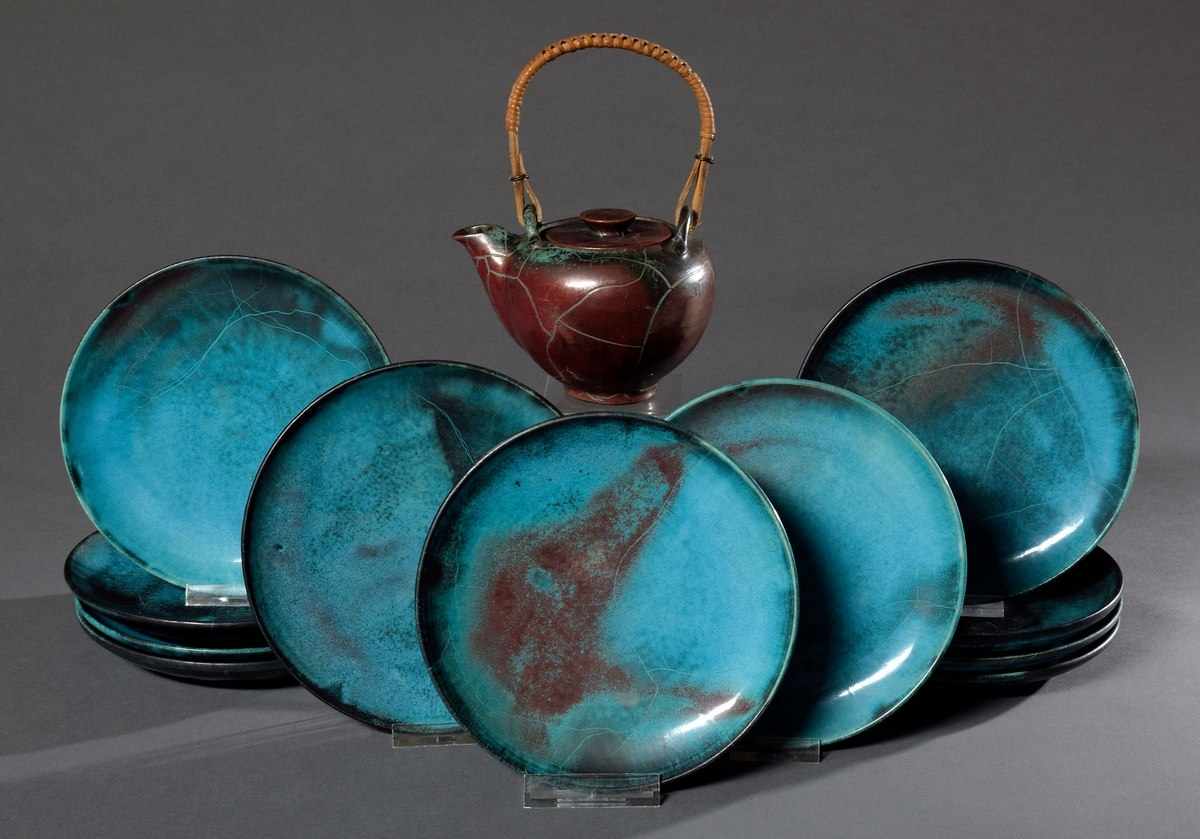 12 Diverse Teile Richard Uhlemeyer (1900-1954) Keramik mit türkis/blau/roter Craqulée Glasur: 1