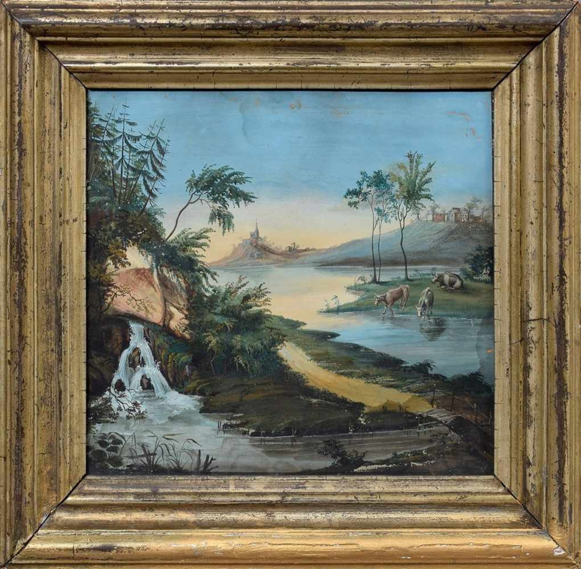 Naives "Landschaftsbild mit Quelle, Fluss und Kühen", Gouache/Papier, 23x26cm (m.R. 33,5x36cm), - Image 2 of 4