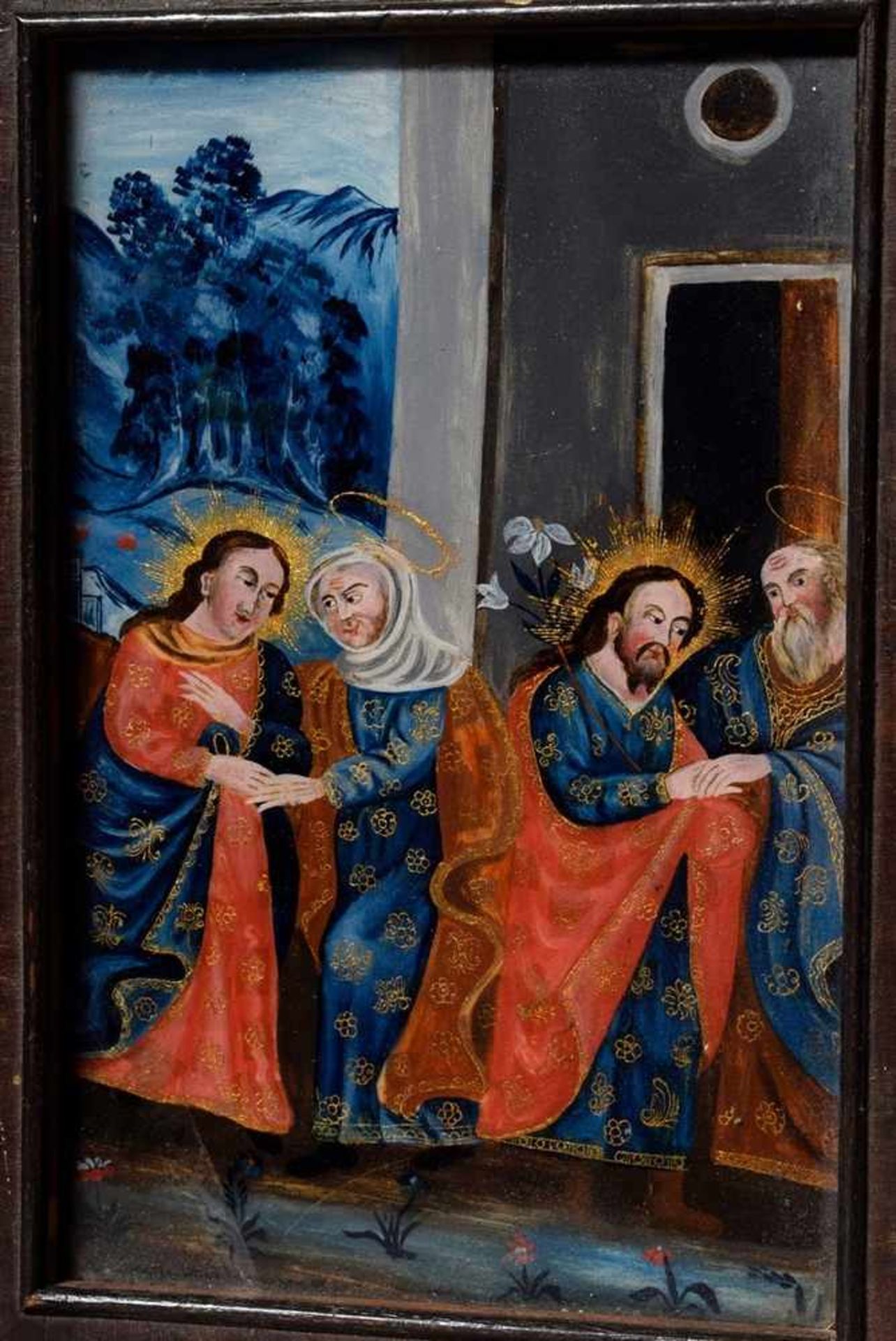 Hinterglasmalerei mit Heiligendarstellung "Maria und Josef treffen Anna und Joachim" in feiner - Image 2 of 4