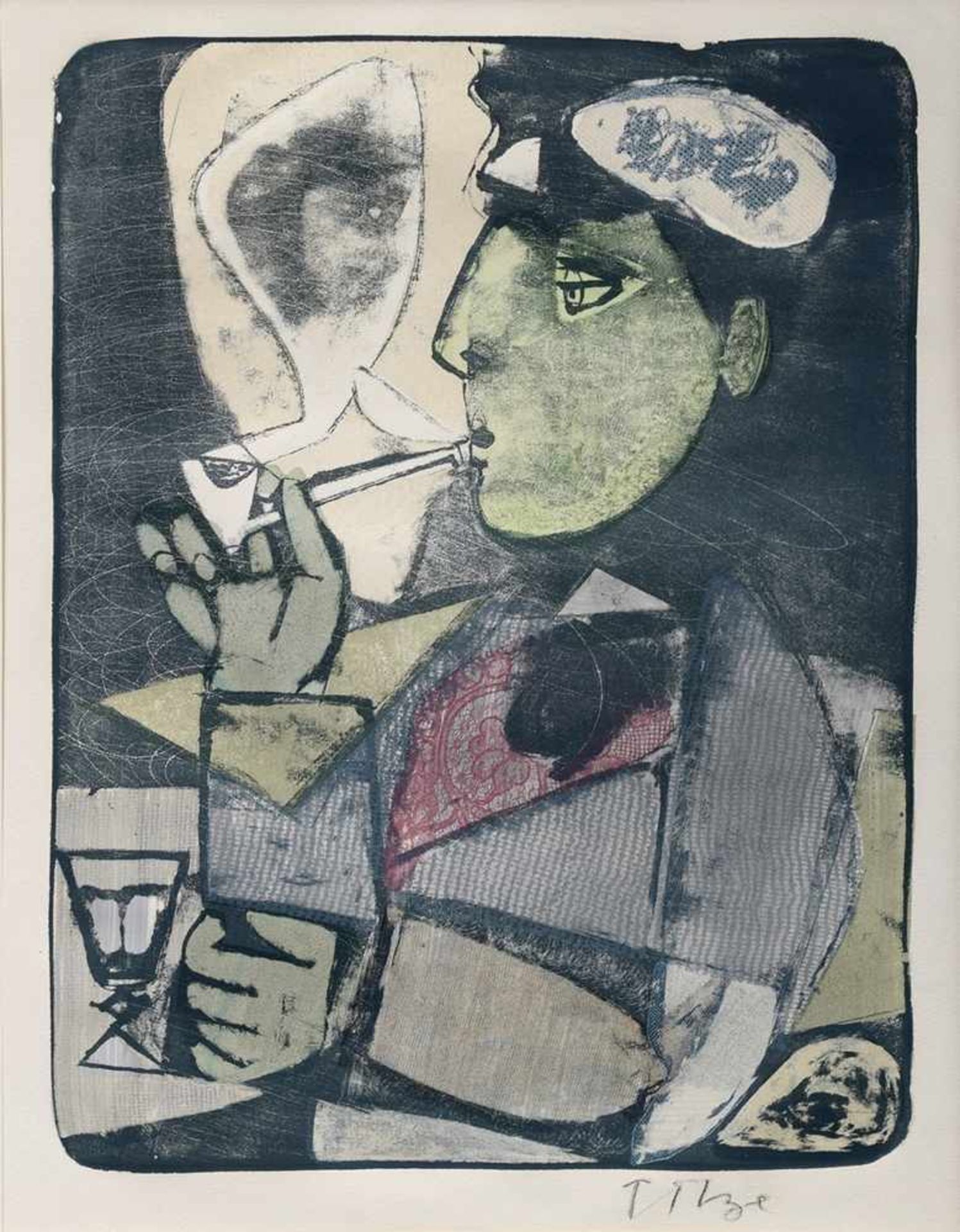 Titze, Willi (1890-1979) "Pfeifenraucher", farbige Frottage/Lithographie, u.r. sign., 37,5x27cm (m.