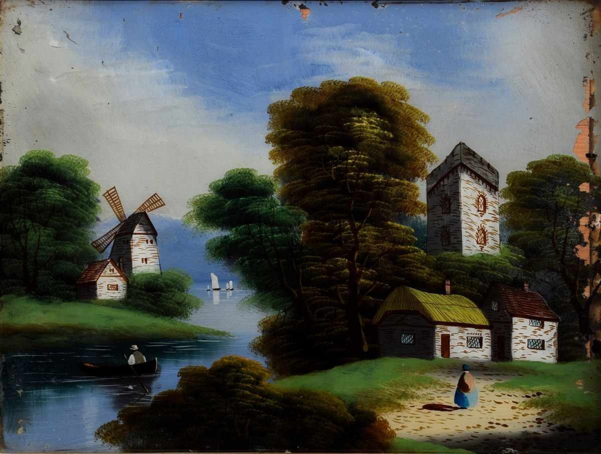 2 Diverse naive Hinterglasbilder "Landschaften mit Mühle und Burg", England 19.Jh., m.R. 45x54,5/ - Bild 3 aus 5