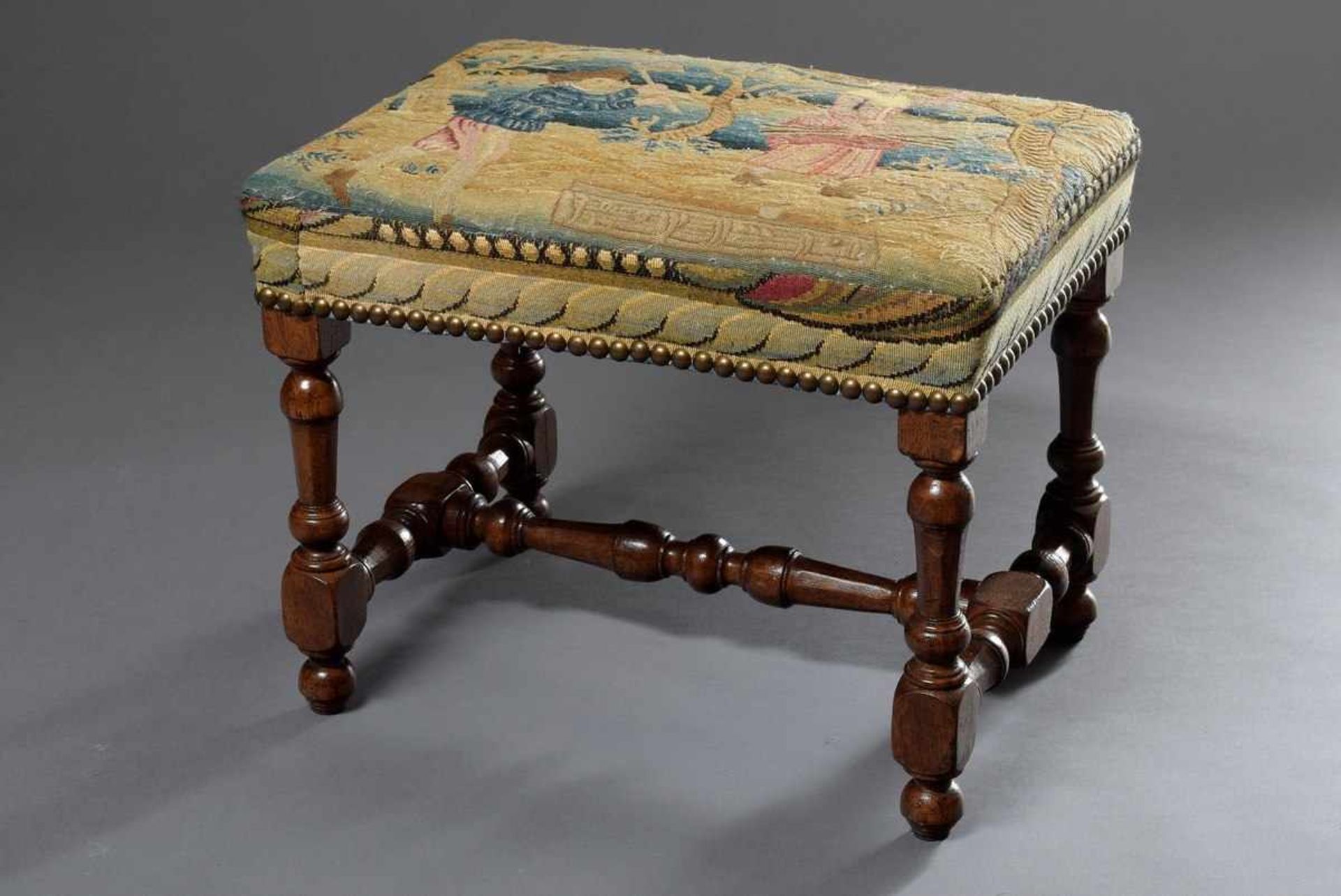 Barock Tabouret mit Gobelinpolster "Holzsammler" und geschnitztem Gestell, 40x50x37cm, kleine