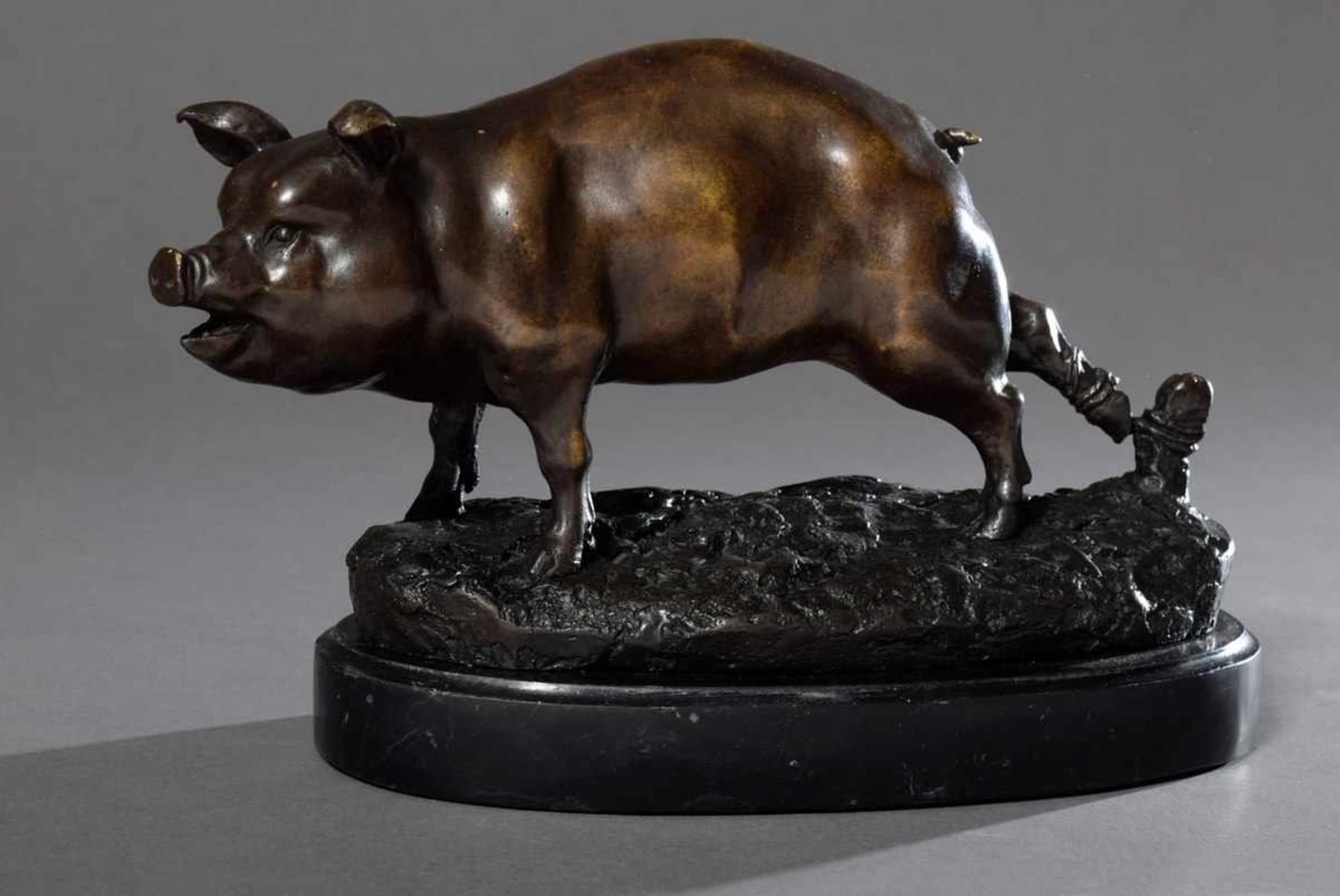 Baryé, Antoine Louis (1796-1875) "Schwein", Bronze auf schwarzer Marmorplinthe, signiert, H. 17,