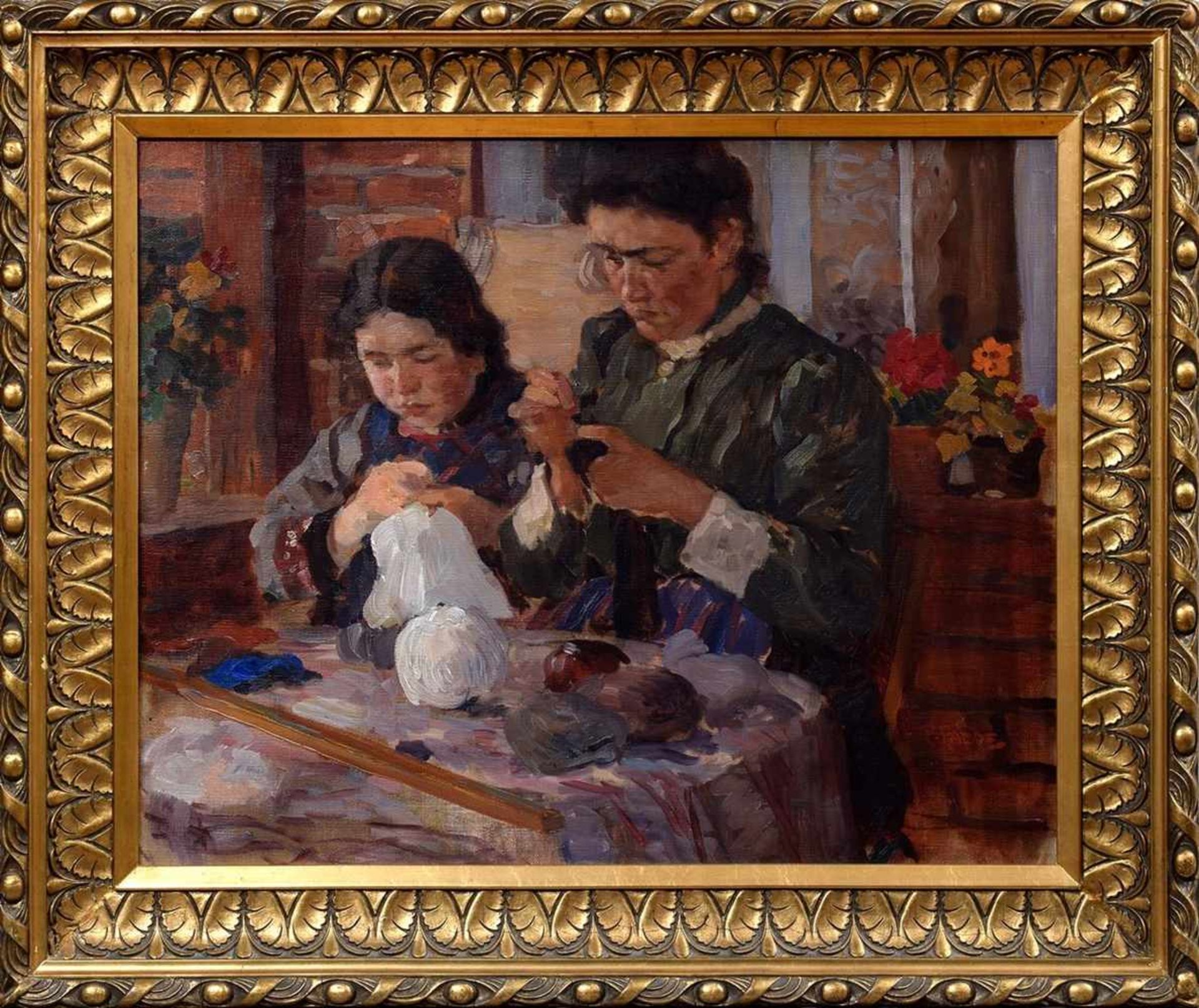 Paede, Paul (1868-1929) „Mutter und Tochter bei der Handarbeit“, Öl/Leinwand, u.r. sign., 53x66cm ( - Bild 2 aus 5