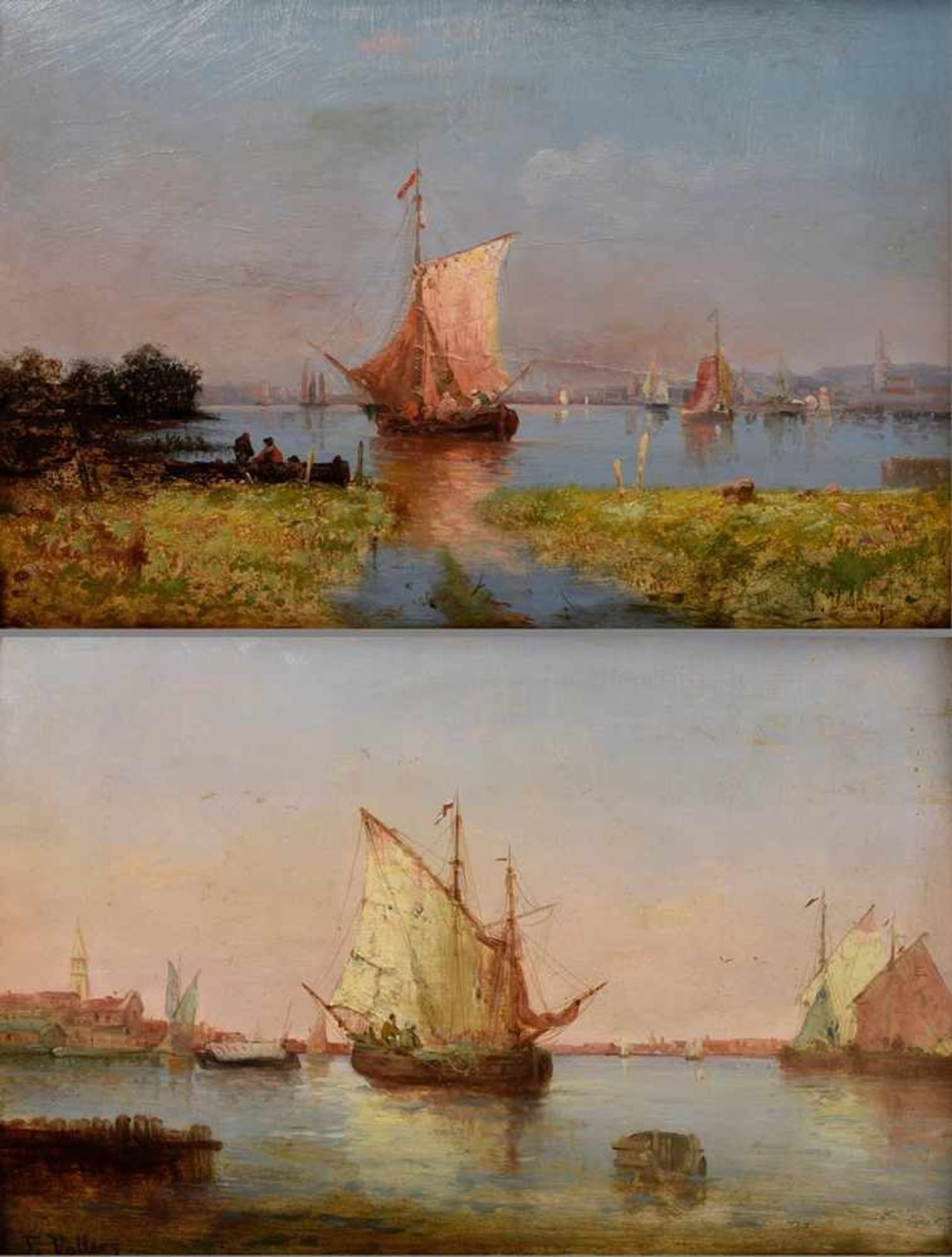 Paar Vallery, F. (1843-1905, Karl Kaufmann Pseudonym) „Flussszene mit Segelschiffen“, Öl/Holz, u.