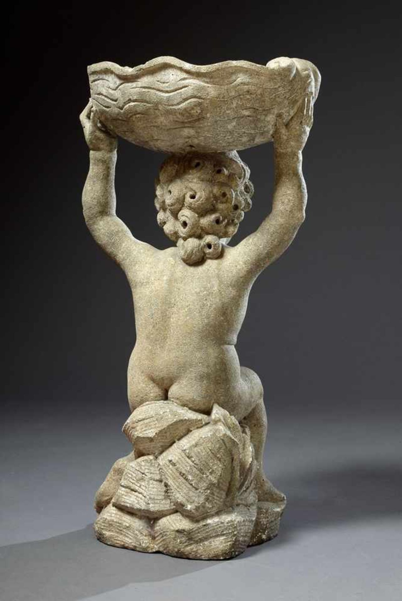 Sandstein Gartenfigur "Putto eine Muschel haltend", H. 82cm, restauriert/bestoßenSandstone garden - Bild 2 aus 4