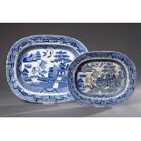 2 Diverse ovale blaue Weichporzellan Platten „Willow Pattern“, Davenport/Staffordshire, 19.Jh.,