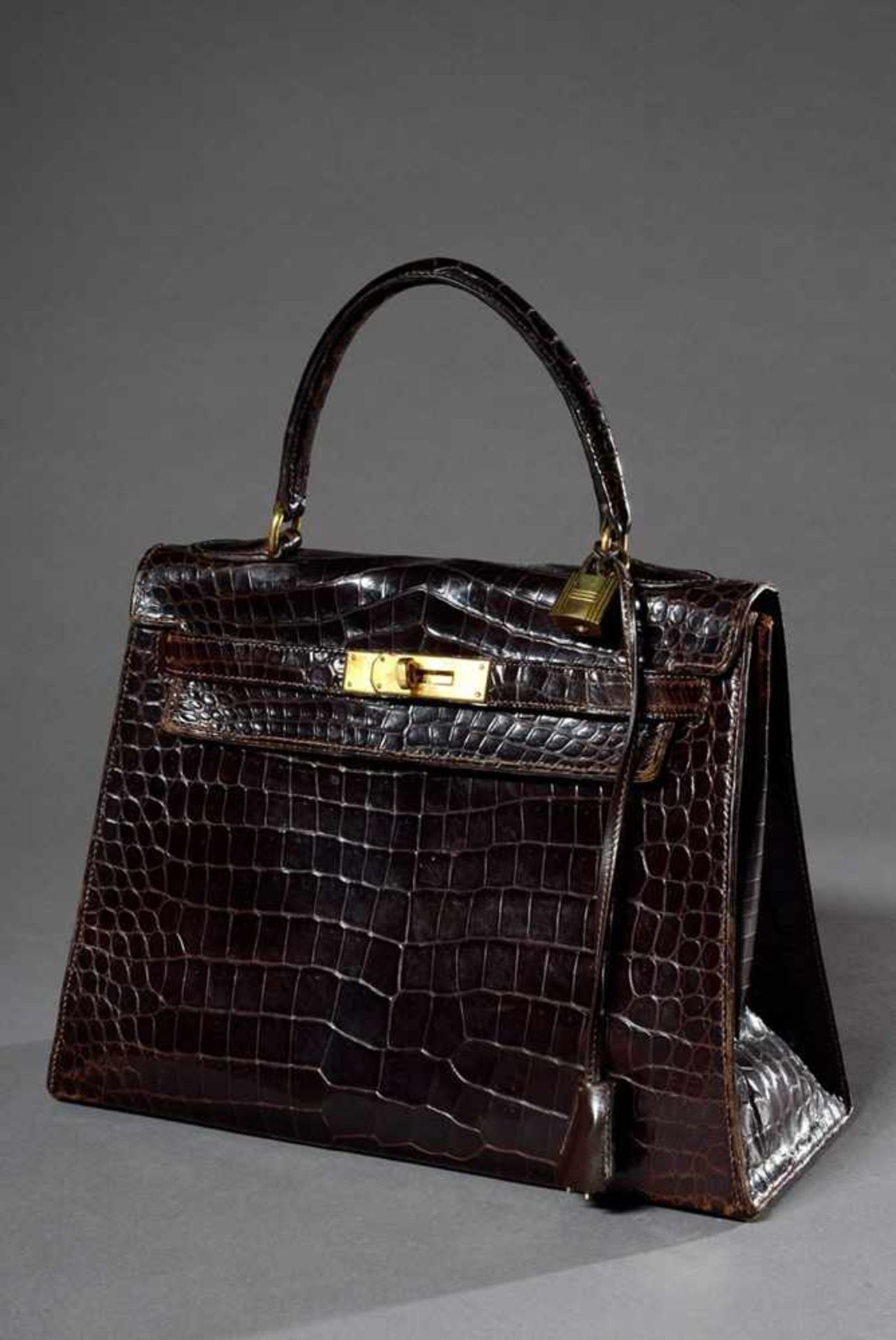 Hermès Vintage "Kelly Bag 28", braunes Krokodilleder (Porosus), 1959, mit Original Rechnung,