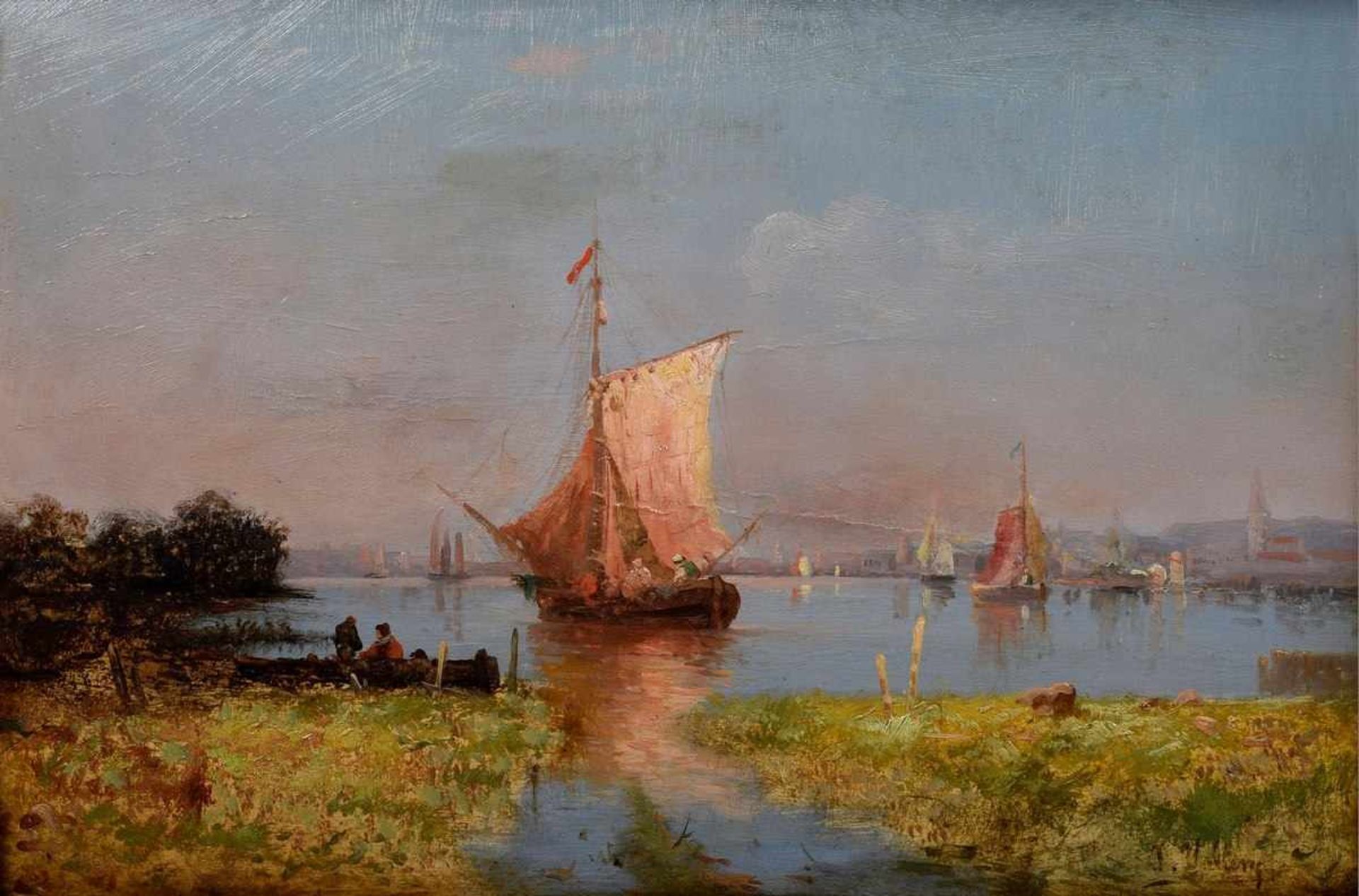 Paar Vallery, F. (1843-1905, Karl Kaufmann Pseudonym) „Flussszene mit Segelschiffen“, Öl/Holz, u. - Bild 2 aus 9