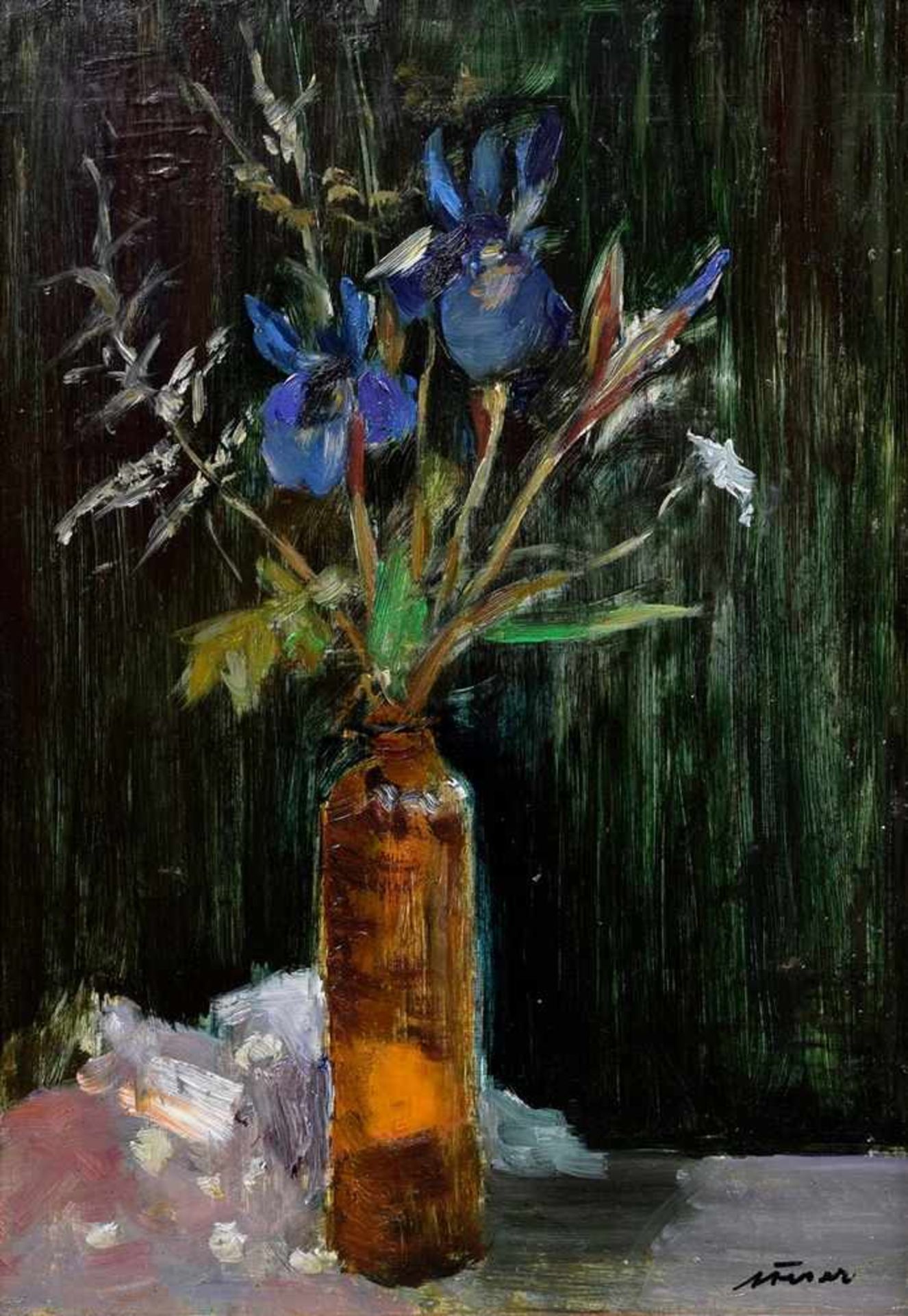 Feser, Albert (1901-1993) „Blumenstillleben in gelber Vase“, Öl/Platte, u.r. sign., verso