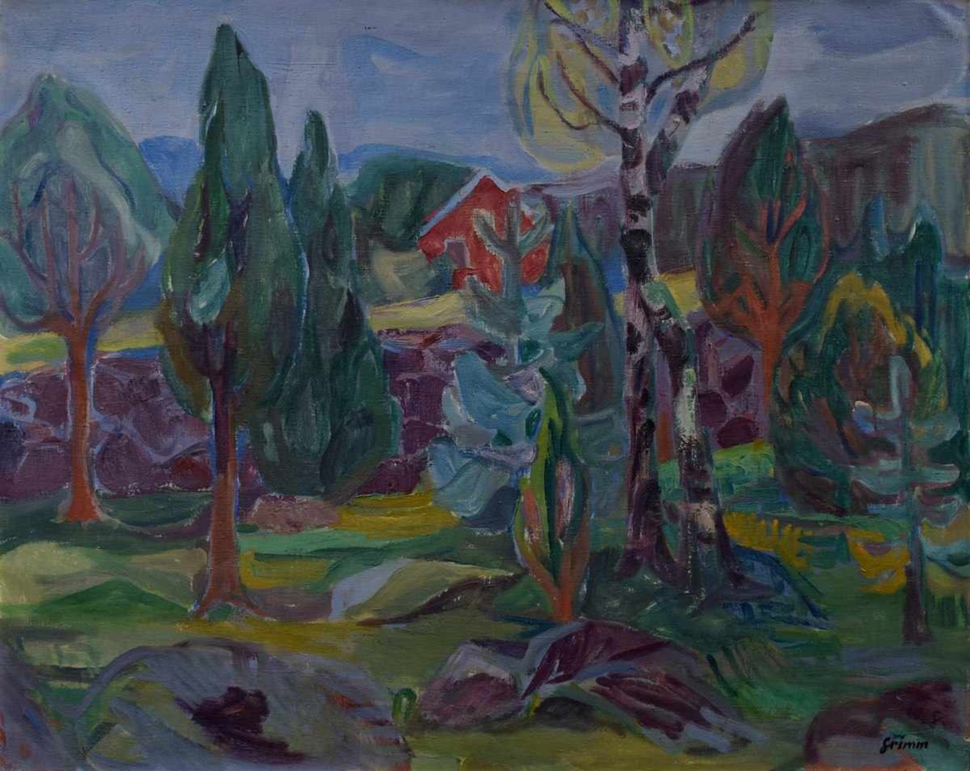Grimm, Willem (1904-1986) "Südschwedische Landschaft", um 1936, verso Skizze, Öl/Leinwand, u.r.